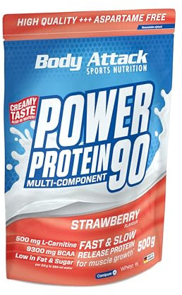 Body Attack POWER PROTEIN 90 - Strawberry - 500g Beutel - Mehrkomponenten Protein Pulver, Made in Germany - Mit BCAA, Vitaminen & L-Carnitin - Protein Shake extra cremiger Geschmack, gute Löslichkeit