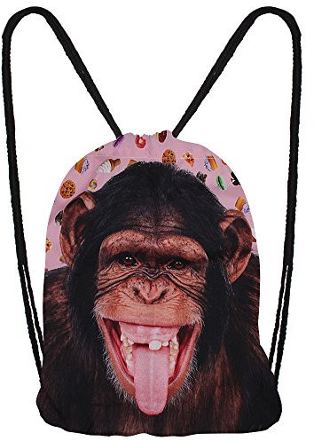 Hanessa Jutebeutel mit Affen Tier Aufdruck Sportbeutel Tüte Rucksack Beutel Tasche Gym Bag Gymsack Hipster Fashion Sport-Tasche Einkaufs-Tasche Weiß AFFE