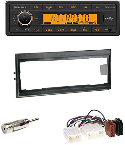 Set : Autoradio Continental TR7412UB-OR Bluetooth RDS USB MP3 ohne CD-Laufwerk + Radioblende Blende anthrazit + Adapter + Antennenadapter DIN für Volvo 740 (704/744-765/745-765) 01/1984-12/1989