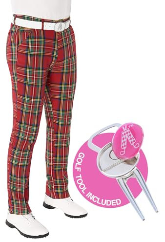 Royal & Awesome Stewart Tartan Men's Tapered Golf Trousers, Funky Golf Trousers for Men, 36 Waist, 34 Leg