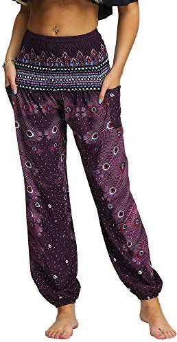 Nuofengkudu Damen Hippie Yogahosen Haremshosen mit Taschen Leichte Boho Muster Bunt High Waist Pumphose Sommer Lockere Strand Hosen (Dunkelviolett A,One Size)
