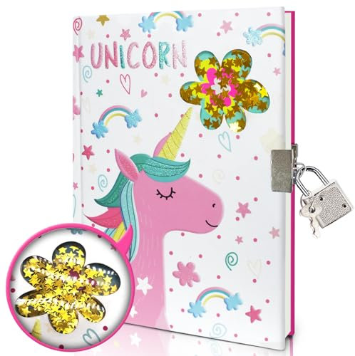GINMLYDA Mädchen-Tagebuch mit Schloss für Kinder, Einhorn-Tagebuch, 18 x 13 cm, 160 Seiten, niedliches Mädchen-Tagebuch, geheimes Notizbuch mit Schloss und Schlüssel, für kleine Kinder, zum Schreiben,
