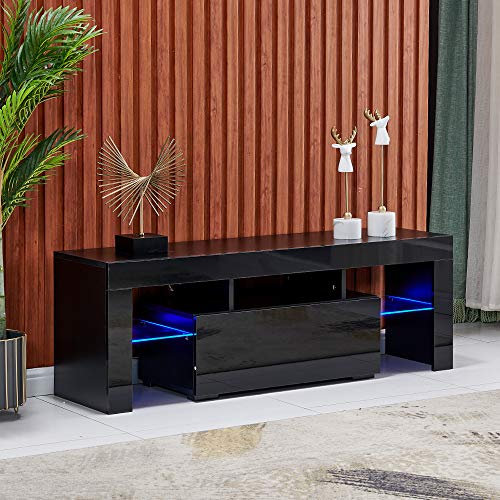 TV Cabinet, TV Unit Stand with LED Lights, Modern High Gloss TV Table Stand, Living Room Entertainment Center with 1 Drawer for 32-65 inch, 130cm Media Center with Storage (Black)