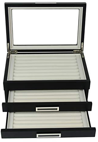 TIMELYBUYS Black Ebony Wood Cufflink Case & Ring Storage Organizer with Stainless Steel Engravable Design Accent Men's Jewelry Box for 108 Cufflinks