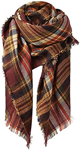 Durio Karoschal Damen Schal Winter Weich Deckenschal Quadratisch Übergroßer Strickschal Kariert Poncho mit Fransen Kaffee A10