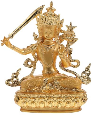 Cabilock Wohnkultur Manjushri Buddha Figur Sitzender Buddha Figur Skulptur Feng Shui Statue für Ritualen Tempel Tischdeko Buddhistisches Dekoration Ornament Zubehr Gold