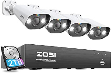 ZOSI 8CH 2To 5MP PoE NVR avec 4X Caméra de Surveillance PoE 5MP pour l’Extérieur, Audio Bidirectionnel, Vision Nocturne Couleur, Détection Humaine AI, Alarme Sonore et Lumineuse Intelligente