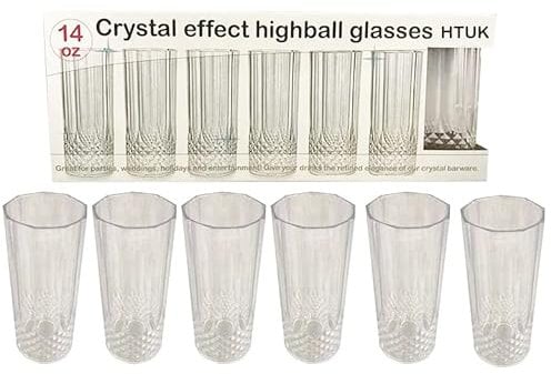 HTUK Long Drink Glasses 6pk Clear Crystal Effect Plastic Highball Tumblers 14oz/400ml