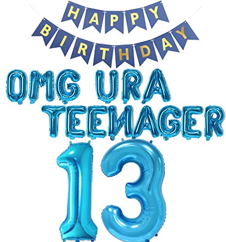 13.Geburtstag Dekorations für Mädchen Jungen, Happy Birthday Banner OMG UR A Teenager Ballons Nummer 13 Geburtstags Folien Ballons für Offizielle Teenager 13 Jahr Geburtstags Deko(Blau)