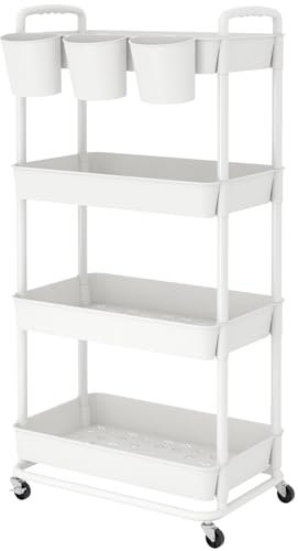 JIUYOTREE Carrito de Almacenamiento de plástico de 4 Niveles con Asas para Colgar adicionales, Ruedas bloqueables para Sala de Estar, baño, Cocina, Oficina, Color Blanco