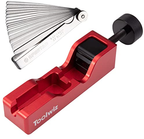 Toolwiz Spark Plug Gap Tool with 32 Blade Steel Feeler Gauge, Red | Gapping Tool, For 10mm 12mm 14mm 16mm Thread Spark Plugs, Valve Piston Adjustment Tool, with 0.001-0.04 Tapered Feeler Gauge