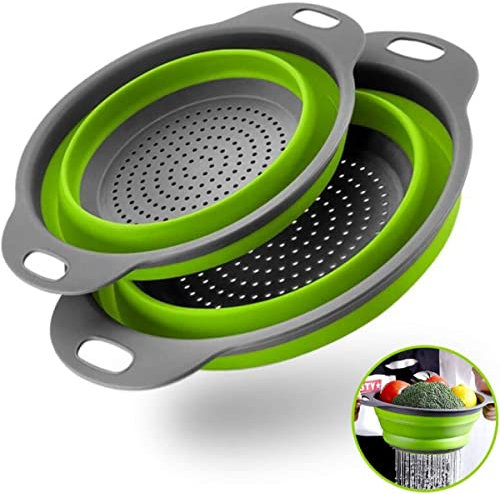 Juego de 2 coladores plegables redondos de silicona para fregadero de cocina y cesta de frutas, 1 grande y 1 pequeño, perfecto para escurrir pasta, verduras y frutas, artículos esenciales para el