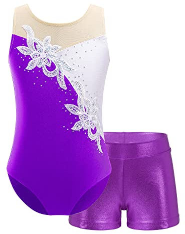iEFiEL Mädchen Einhörner Turnanzug Glänzend Gymnastik Leotard Kinder Kleidung Set Ballett Trikot Tanz Kostüme mit Überkreuzte Träger W Violett 122-128