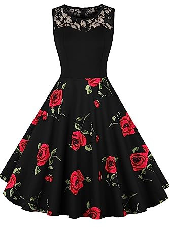 AXOE Damen Vintage Kleider Rockabilly 50er 60er Jahre Blumenkleider mit Spitze Ärmellos Festlich Elegant für Mollige Frauen, Hochzeit Schwarz mit Rot Rose F1B, Gr.42, L