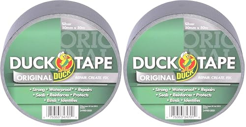 Duck Tape Original Silver, 50 mm x 50 m. The original high strength waterproof gaffer and duct adhesive cloth repair tape (Pack of 2)
