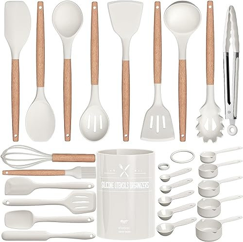 Terlulu Lot de 26 ustensiles de cuisine en silicone résistants à la chaleur avec porte-ustensiles, ustensiles de cuisine antiadhésifs avec manche en bois, tong, whisk, spatula - Blanc