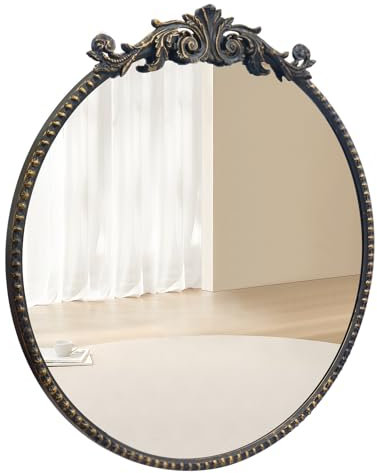 YIDIE Runder Spiegel, 61 cm, Barockstil, Kreisspiegel, Vintage-Stil, schwarzer Metallrahmen, Wandspiegel für Schminktisch, Badezimmer oder Schlafzimmer