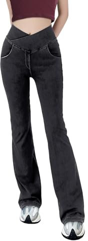 LaiEr Damen V Crossover Hohe Taille Bauchkontrolle Casual Fitness Skinny Yoga Hosen, Faux Denim Print Frauen Bootcut Yoga Hosen, ausgestellte Fitness Hosen mit Seitentaschen(Dunkel Grau M)