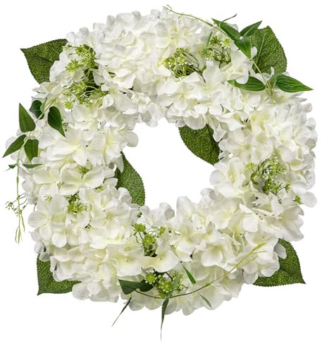 Corona de hortensias artificiales de 16 pulgadas, corona de flores falsas blancas, hortensias sintéticas para puerta delantera, arreglos florales para chimenea, cocina, granja, decoración de pared
