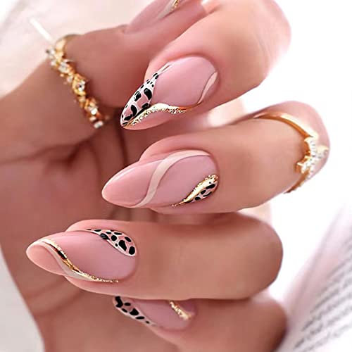 JUSTOTRY 24 Pcs Leopard Stiletto Press on Nails Short Designs,Pink and Gold Swirl False Nails Oval,French Almond Stick on Nails for Women and Teens,Fake Nail for Girls Nail Art