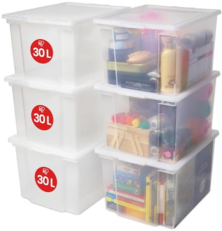 Iris Ohyama, 30L Plastik Aufbewahrungsboxen mit Deckel, 6 große stapelbare Boxen, BPA-frei, Wäscherei, Büro, USB-M, Transparent - L42 x T35.5 x H26.5 cm