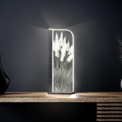 Luverre Tischlampe | LED-Leuchte | Glas-Leuchte mit Gravur für Nachttisch, Kommode, Wohnzimmer | Blume, Pflanze, Gräser (Pampasgras, Segel | anthrazit)