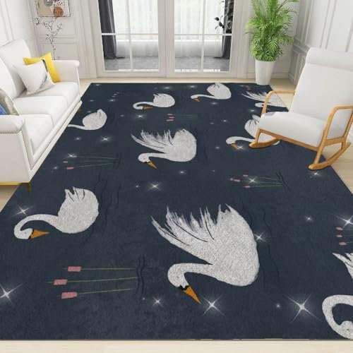 DUCAPE Cartoon White Swan Bedroom Rug,Grey Short Pile Lightweight Floor Rug,Rug Anti-Slip-Absorbent-Machine Washable Office Living Room Bedroom Soft Rug 160 X 230Cm