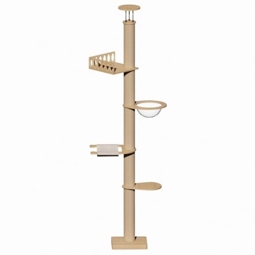 Wooden Floor-to-Ceiling Cat Tree Tower for Kittens&Large Cats with Sisal Rope Scratching Posts, Ajustable Height 92.5-108 Inches, DIY Modern Cat Tree Tower,Tall Cat Tree Climbing Pole (Deluxe Style 1)