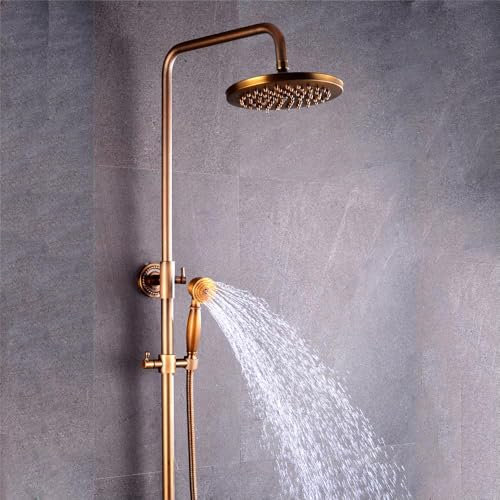 Ensemble de douche rond en cuivre antique, montage mural, avec mitigeur de baignoire, pommeau de douche, douche à effet pluie et douchette, barre de douche réglable, style rétro bronze