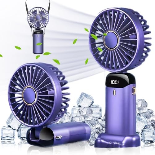Kukigo Ventilador portátil de mano, ventilador de batería de 5000 mAh con base, 5 velocidades, pantalla LED digital, ventiladores recargables por USB, mini ventiladores plegables para exteriores,