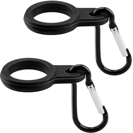 Thyonta 2 Pcs Multifunctional Carabiner Water Bottle Holder Durable Stainless Steel Clip Portable Rubber Strap for Hiking and Sports Fit for Multiple Bottle Types (Black)