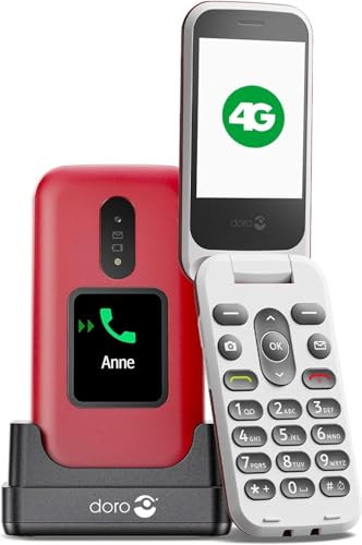 Doro - 2880 - Téléphone Portable Senior - Téléphone À Clapet 4G - Double Écran Et Grandes Touches - Touche d'Assistance - Caméra - Fonction HD Voice - Socle Chargeur Inclus - Rouge/Blanc