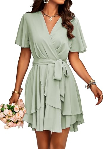 Jiraewh Damen Chiffon Kurz Kleid V-Ausschnitt Kurzarm Sommerkleid Polka-Punkte Elegant Rüschen Minikleid Casual Swing Skater Kleid Hohe Taille Partykleid Wickelkleid mit Gürtel (5086-LB S