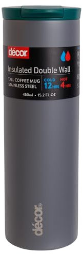 Décor Double Wall Stainless Steel Travel Mug - Keeps 4 Hours Hot - 12 Hours Cold - Car Cup Holder Compatible - Secure Flip Top Lid - 450ml Graphite.