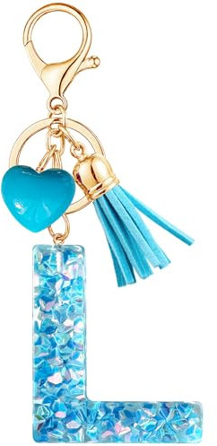 Vorysum Porte-clés Bleu avec lettre porte-clés fille initiale cadeau femmes porte-clés Cœur décorer pour sac Sac à dos porte-clef gland or porte-clef femme-L