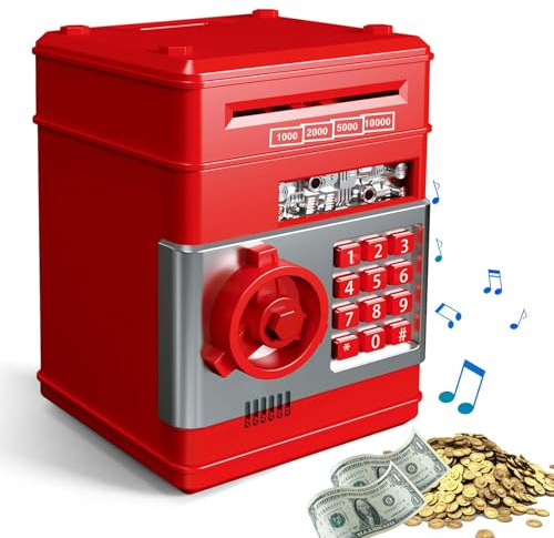 Spardose Für Kinder, ATM Sparschwein, Digitale Spardose Mit Passwort, Geldsparbox Mit Passwort Code Lock & Auto Money Scroll, ATM Sparschwein Kinder Für Münzen Scheine Geschenk (Rot)