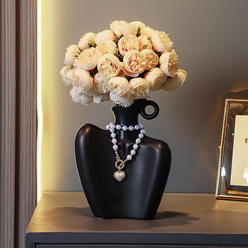 Hosoncovy Ceramic Female Body Art Vase with Necklace Decor, Human Sculpture Flower Holder for Home Office Table Decor (Black)