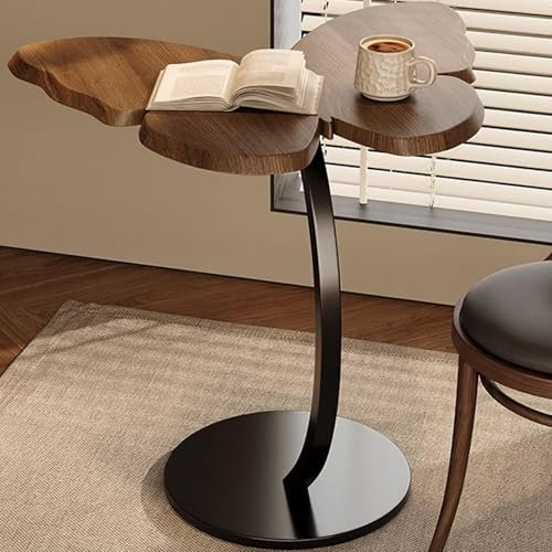 Table d'Appoint Bout de Canapé en Bois Structure en Forme de C Cadre en Métal Petite Table d Appoint Haute 56×43×60cm,pour Salon Chambre,Noir+Noyer
