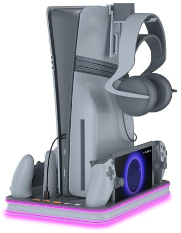 EJGAME Soporte PS5 Pro/Slim/PS5 y estación de refrigeración con controlador de iluminación RGB, estación de carga para consola PlayStation 5, base de carga PS Portal, accesorios PS5 Pro con ventilador