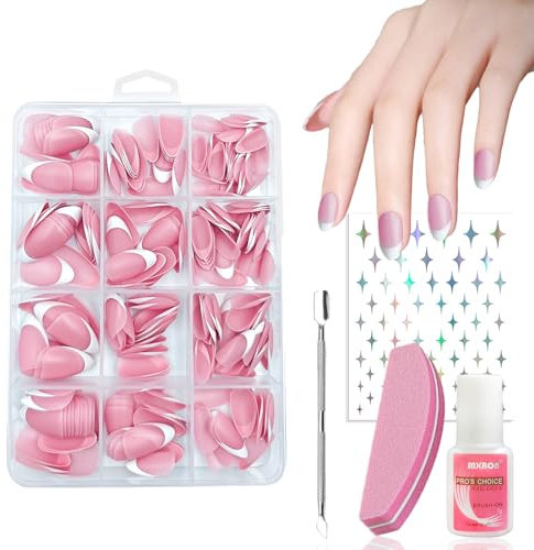 240 Pcs Pink Short Fake Nails, French Tip False Nails, Stick on Nails for Girls Women DIY Nail Art, Professional Press on Nails Kit with Glue 99