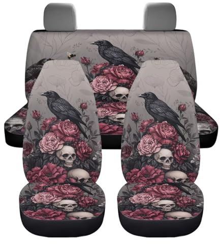 chaqlin Autositzbezug-Set für Herren, Motiv: Totenkopf, Vogel mit Blumenmuster, komplettes Set mit 4-teiligem Auto-Vordersitzbezug + geteilter Rückbankschutz, passend für die meisten Autos, SUVs,