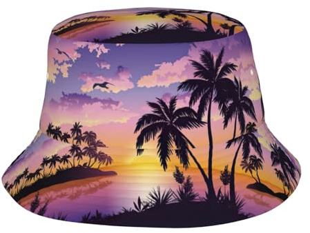 JEJEA Summer Palm Tree Print Bucket Hat for Men Women,Packable Reversible Printed Sun Hats,Fisherman Outdoor Summer Black