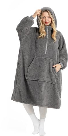 Winthome Lengthen Oversized Blanket Hoodie for Women Men Adult, Sherpa Fleece Wearable Blanket with Zipper, Gift for Family Friends (Grey, Adult size)