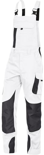 Leibwächter Dynamic Line Arbeitslatzhose Herren Gr. 48, Stretch Latzhose in weiß mit Reflexpaspeln und Knieverstärkung, Arbeitshose mit Taschen für Baustelle, Werkstatt und Montage