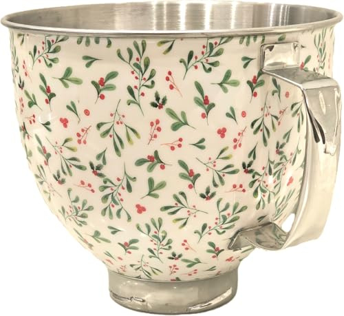 Biscuitique Stainless Steel Mixer Bowl with Stunning Floral Holly Berry Pattern Compatible with Kitchen Aid Tilt-Head 4.5 Quart and 5QT Stand Mixer