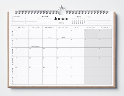 Huurdies 18-Monats-Wandkalender - Monatsplaner mit Spiralbindung - Wandkalender mit Wochenzahlen, Notizbereich & To-Do-Liste - Stabile Kartonrückwand (2026, A4+)