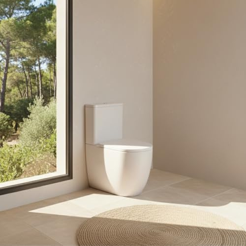 SOULHOME Pack Inodoro Rimless Curvo Blanco Brillo Pulsador Cromo | Tapa Thermodur Amortiguada, Salida DUAL Horizontal/Vertical, Doble Descarga Eco, Conexión agua inferior Derecha/Izquierda.