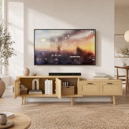 BRILVERDE TV-Möbel aus Rattan, Ausziehbarer TV-Schrank 146 cm-180 cm, TV-Lowboard mit 2 Schränken und 2 Schubladen, TV Schrank Bambus für Wohnzimmer Esszimmer (Eichenfarbe)