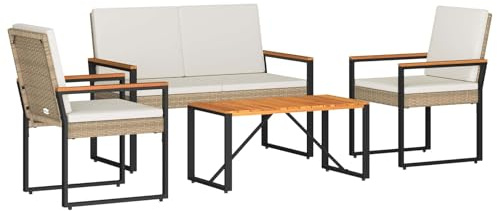 vidaXL Gartenmöbel Set 4 pcs Beige und Cremeweiß Poly-Rattan, Stylische, rechteckige, wetterfeste Gartenmöbel, Patio-Set, Akazienholz, perfekt für draußen