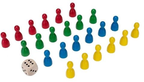 GICO Spielkegel Set 24 Bunte Halmakegel aus Holz, 24x12 mm, blau, grün, rot, gelb, 1 Augenwürfel - 2135